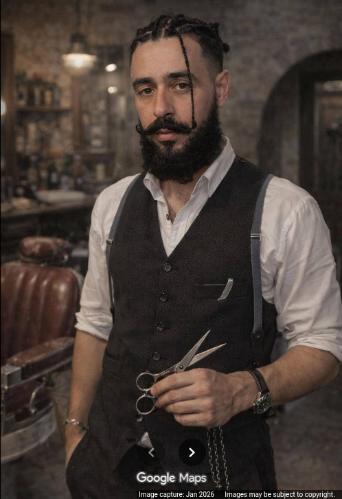 Barbier de Zh Coiffure, gilet en tweed et ciseaux en main, décor cuir et bois
